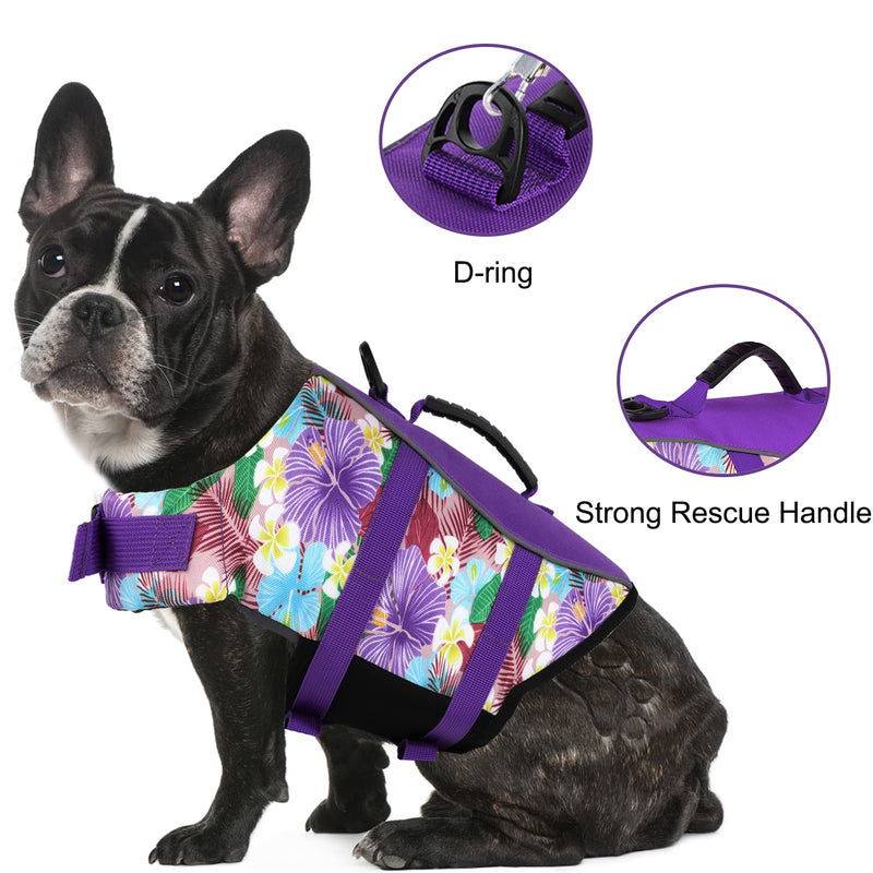 Ripstop Dog Life Jacket, Reflective & Adjustable Dog Swimming Vest with Handle, Dog Life Vests for Boating & Swimming, Pet Safety Life Preserver for Small Medium Large Dogs (Purple, S) Floral Purple - PawsPlanet Australia