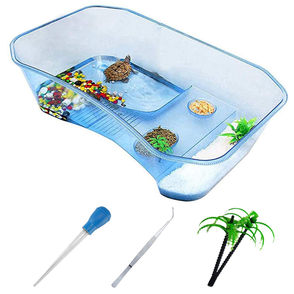 PINVNBY Plastic Turtle Tank Reptile Habitat Pet Terrariums Turtles Tank Aquarium Terrapin Topper Basking with Platform Plants,Durable,Safe, Non-Toxic(Blue) Blue