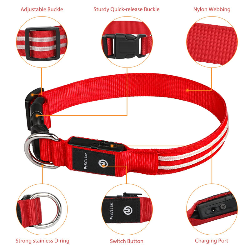 PcEoTllar LED Dog Collar, Rechargeable Flashing Light Up Dog Collar 100% Waterproof Safety Adjustable Pets Collar Increased Visibility Super Bright for Small Medium Large Dog S(11''-15.7''/28-40cm) Red - PawsPlanet Australia