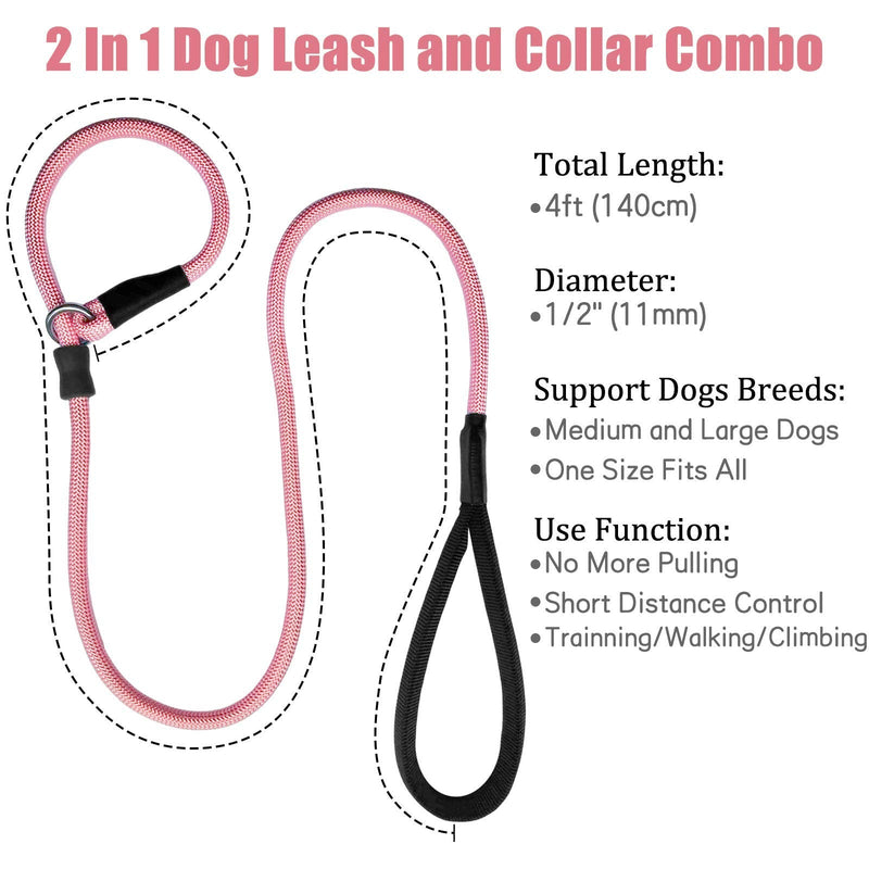 Strong Slip Rope Dog Training Leash (4ft) - Heavy Duty Durable Braided Nylon Lead with Rubber Stopper & Padded Handle - No Pull Walking for Medium Large Dogs (Pink, 1/2" x 4ft) Pink - PawsPlanet Australia