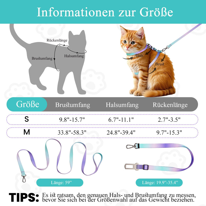 Cat Harness and Leash Set, Collars,Car Seat Belt [4 in 1 Detachable & Adjustable] Escape Proof Cat Harness, Comfortable Soft Lightweight, Walking Travel Kitten Harness for Small Medium Large Cats (M) M