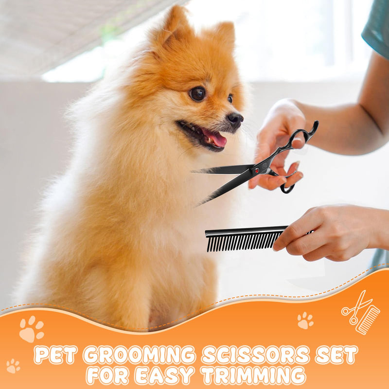 Moontay Dog Grooming Scissors Set Professional, 7 Inch Pet Grooming Scissors, 8 in 1 Straight, Curved, Thinning, Fishbone Scissors with Comb, Tension Adjuster, Cleaning Cloth and Storage Case, Black