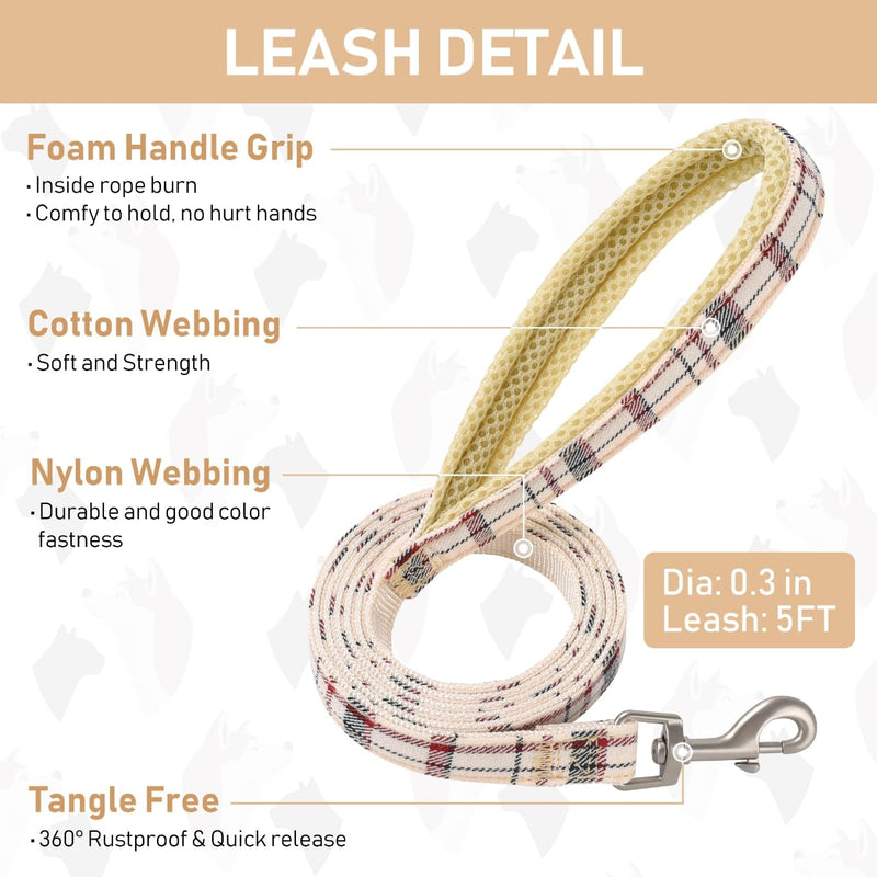 GAMUDA Dog Harness Collar and Leash Set, Dog Harness, No Chock No Pull Adjustable Vest Harnesses Plaid Reflective for Medium Dog, Cat, Small Horse, Small Bull and Pig (Beige, S) Beige