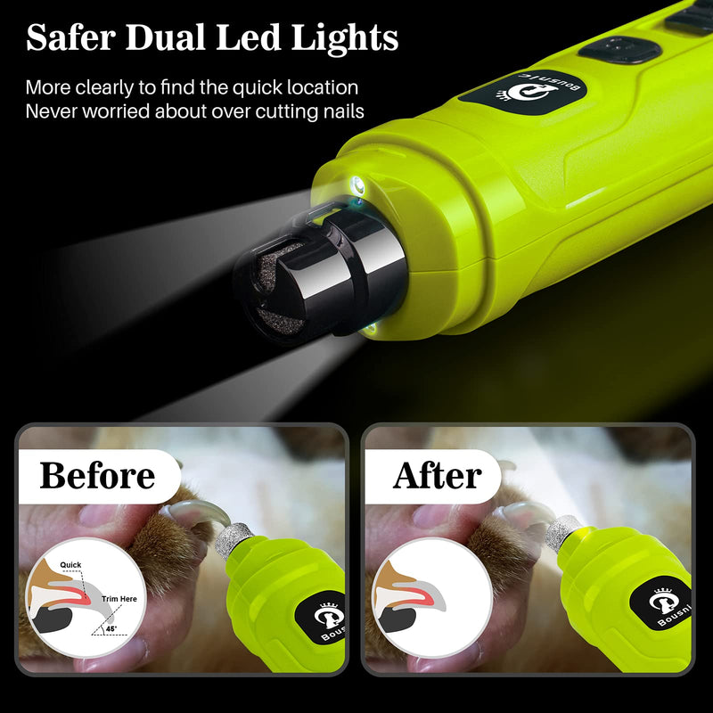 Bousnic Dog Nail Grinder with 2 LED Light - Super Quiet Pet Nail Grinder Powerful 2-Speed Electric Dog Nail Trimmer File Toenail Grinder for Puppy Small Medium Large Breed Dogs & Cats (Green) Green - PawsPlanet Australia