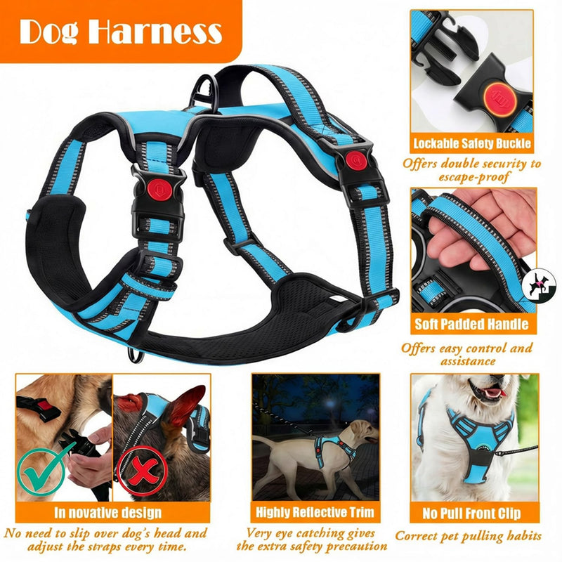 No Pull Dog Harness, Collar & Leash Set | Includes Dog Seat Belt, Collapsible Bowls & Poop Bag Dispenser. Ideal for Training, Walking, Hiking. Fits Small to Large Dogs(Blue-S) Blue - PawsPlanet Australia
