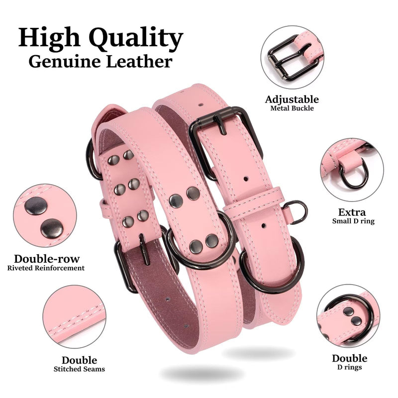 Didog Genuine Leather Dog Collar for Large Dogs, Durable and Soft Pink Dog Collars with Double D Rings and Metal Buckle,Pink,XL XL:Neck 17-21",Width 1¼"