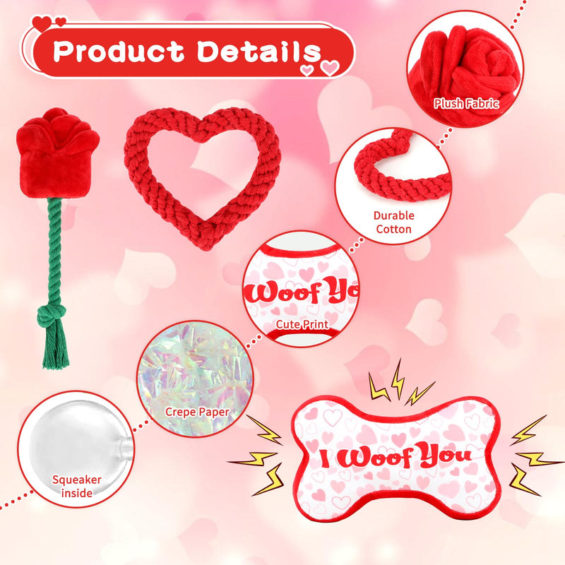 YUEPET Squeaky Valentine's Day Pet Toys 3 Piece Set,Interactive Rose Puzzle Toys, Soft Plush Heart-Shaped Rope Bone Dog Toy with Squeaker Crinkle Paper Puppy Chew Toys for Small Medium Dogs Teething - PawsPlanet Australia