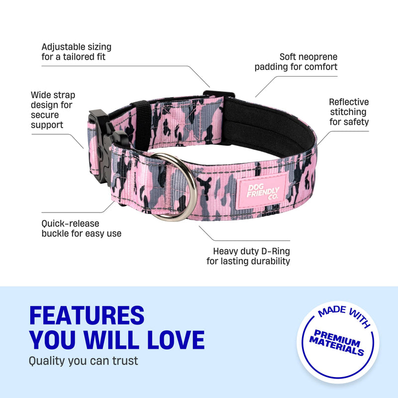 DF Co. Tactical Dog Collar | Comfortable & Secure with Quick Release Clip Buckle and Heavy Duty D-Ring | Soft Padded Neoprene, Chafe Resistant, Night-Time Visibility | Pink Camo, Size M Medium - PawsPlanet Australia