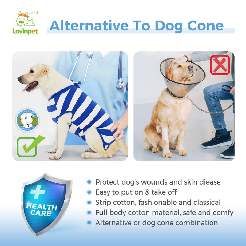 LovinPet Dog Recovery Suit for Large Medium Dogs - Bodysuit Onesie for Shedding Skin Disease Cut-Out Design of Abdomen Pet Pajamas Dog Anti Licking Snugly Suit for Abdominal Wound After Surgery,3XL 3XL Blue collar/White - PawsPlanet Australia