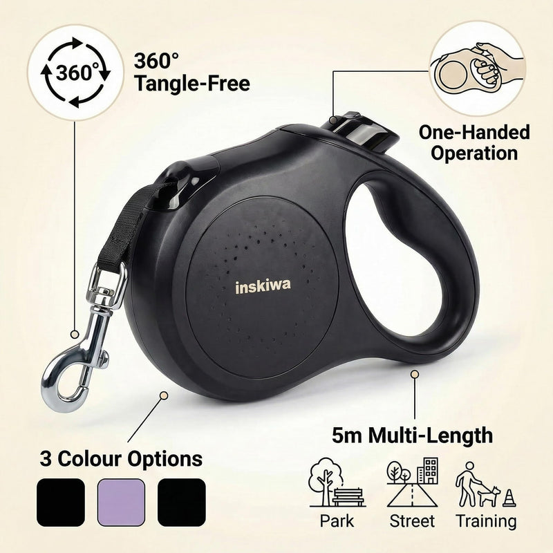 Retractable Dog Lead, 5m/16FT Extendable Dog Lead, 360° Tangle-Free, One-Handed Brake & Lock, Non-Slip Soft Grip Handle for Small & Medium Dogs, Max 25kg, inskiwa (Black) Black
