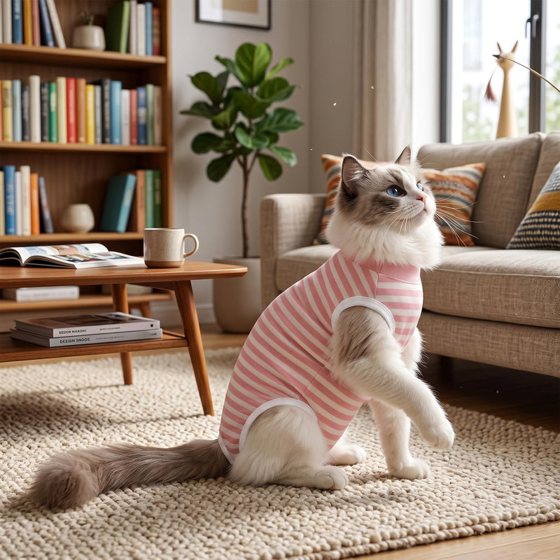 Cat Surgery Recovery Suit for Female Spay Male Neuter, Anti Licking Surgical Onesie for Skin Diseases, Soft Breathable Bodysuit Shirt Pajamas for Abdominal Wound, E-Collar & Cone Alternative Pink Small