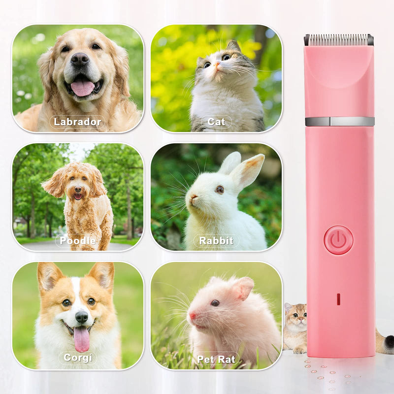 Dog Grooming Clippers Kit-Electric Rechargeable Cat Trimmer Tools-Cordless Quiet Pet Nail Paw Grinder-4 in 1 Multifunctional Low Noise Shaver-Razor for feet Face Ears Toenail Eye?Pink? Pink