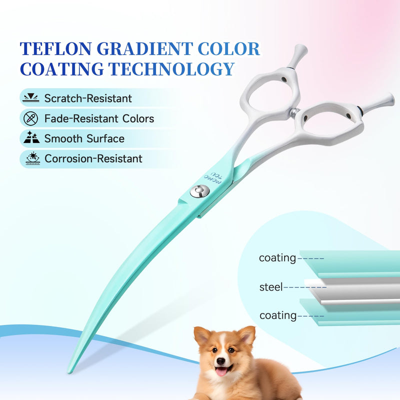 Curved Dog Grooming Scissors Green to White Gradient 440C Stainless Steel Sharp Durable Dog Shears for Professional or Home Use Ergonomic Handle with 2 Silicone Finger Rings - PawsPlanet Australia