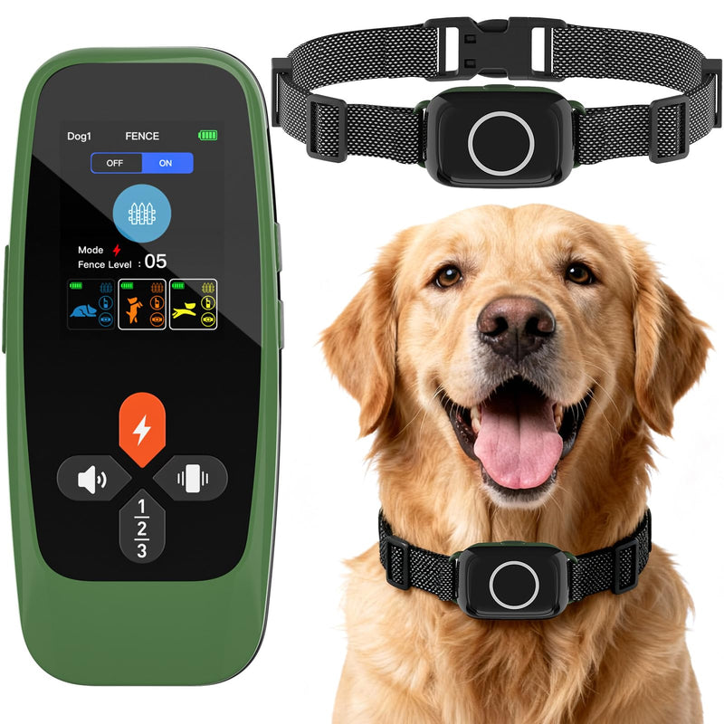 KITPLUS Wireless Dog Fence System, Electric Fence for Dogs, 4-in-1 Dog Training Collar with Remote, Bark Reminder, Status Monitor, IPX7 Waterproof Receiver for Medium Large Dogs Outdoor Use Green