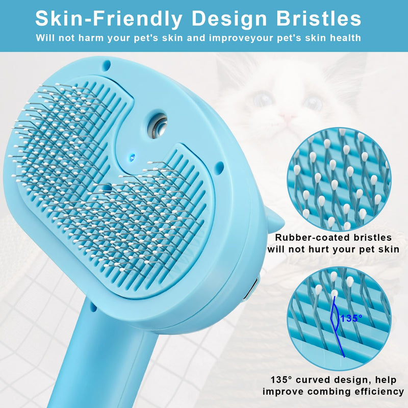 Pet Steam Hair Comb Brush for Shedding, 4 In 1 Spray Brush for Long & Short Haired Cat&Dog, Self-Cleaning Hair Remover with Water Tank And LED Blue Light, Release Button(Blue) - PawsPlanet Australia