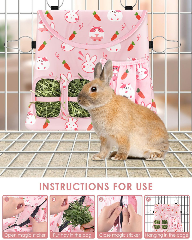Bissap Rabbit Hay Feeder Bag, 2 Holes Hanging Hay Feeder Guinea Pig Hay Bag with Side Pocket for Rabbits Bunny Chinchillas Hamsters Rats and Other Small Pets Small Animal - S (Pink) ﻿ - PawsPlanet Australia