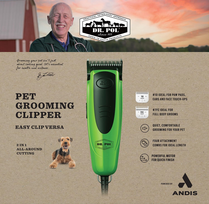 Andis Dr. Pol Easy Clip Versa Clipper Kit - Complete Grooming Solution with Detachable Blades, Attachment Combs, Nail Clipper & More for Safe, Efficient Grooming of All Dog Types, Green, 561121 - PawsPlanet Australia