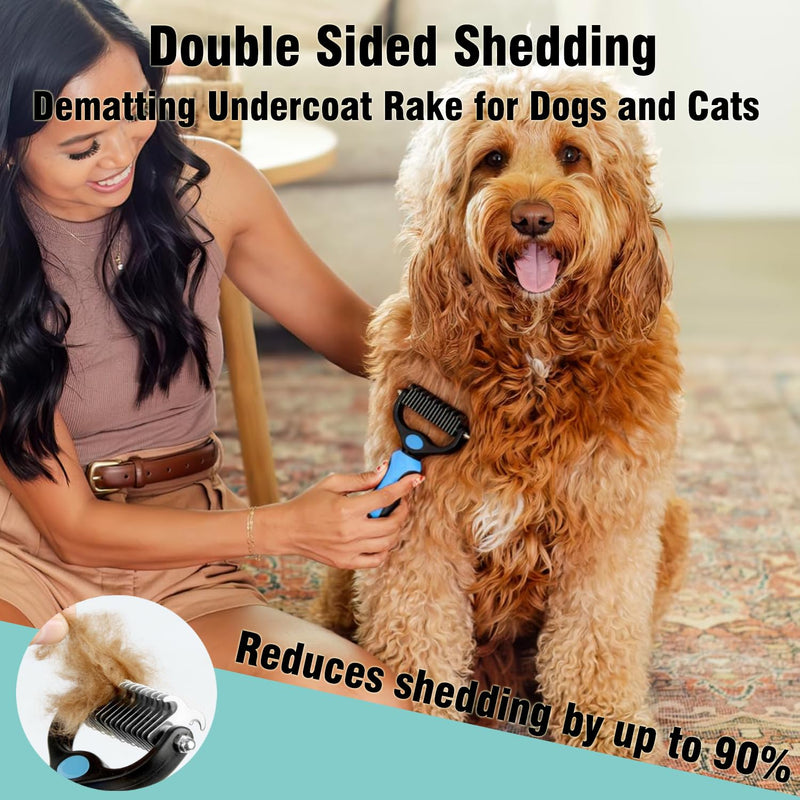 3PCS Dog Grooming Brush - Dog Brush for Shedding Massaging Bathing - Double Sided Shedding, Dematting Undercoat Rake - Self Cleaning Slicker Brush for Dogs and Cats with Long or Short Coats Blue-3Pcs - PawsPlanet Australia