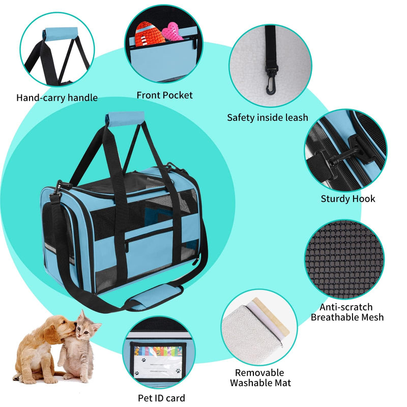 Soft - Sided Pet Carrier for Cats and Small Dogs, Airline - Approved, Blue Travel Tote with Mesh Windows, Foldable Bowl, Shoulder Strap, Oeko - TEX Certified