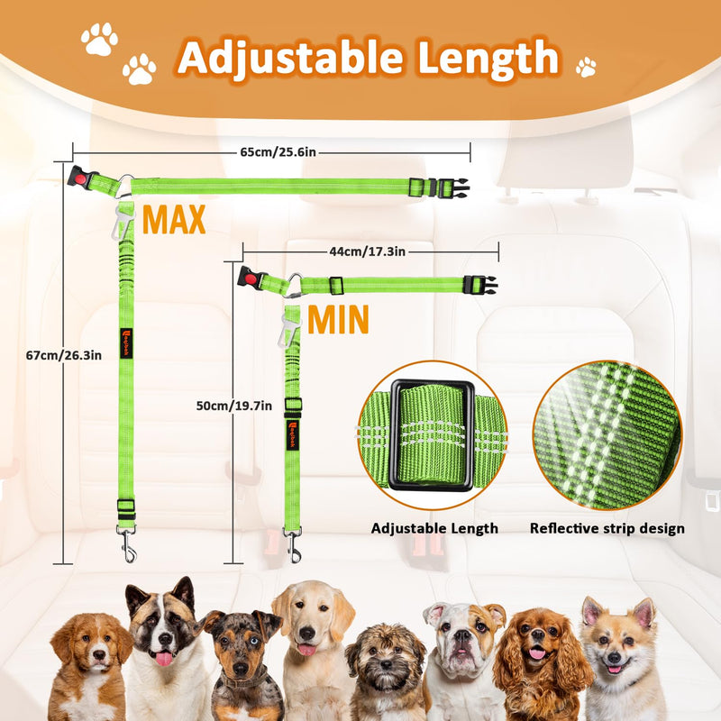 Removable Dog Seat Belt Harness for Car, 3 in 1 Pet Dog Car Seatbelt Leash, Retractable Restraint Secures to Vehicle Headrest & Adjustable Reflective Bungee Dog Seatbelt Tether, Green and Black Black+Green - PawsPlanet Australia