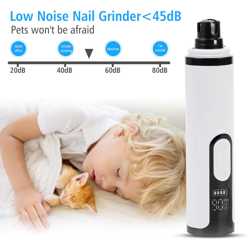 Pet Nail Grinder for Dogs and Cats - Super Quiet and Low Vibration Electric Dog Nail Grinder with 2 LED Lights - USB Rechargeable and Cordless - 3 Speeds - Small to Large Pets (White) White - PawsPlanet Australia