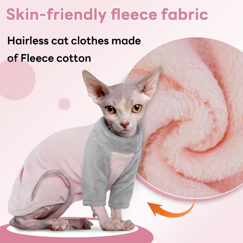 T'CHAQUE Sphynx Cat Clothes, Soft Fleece Winter Sweaters for Hairless Cats, Warm Pajama Jumpsuit with Sleeves and Hoodie, Cozy Pullover Outfit for Kittens X-Large Pink - PawsPlanet Australia
