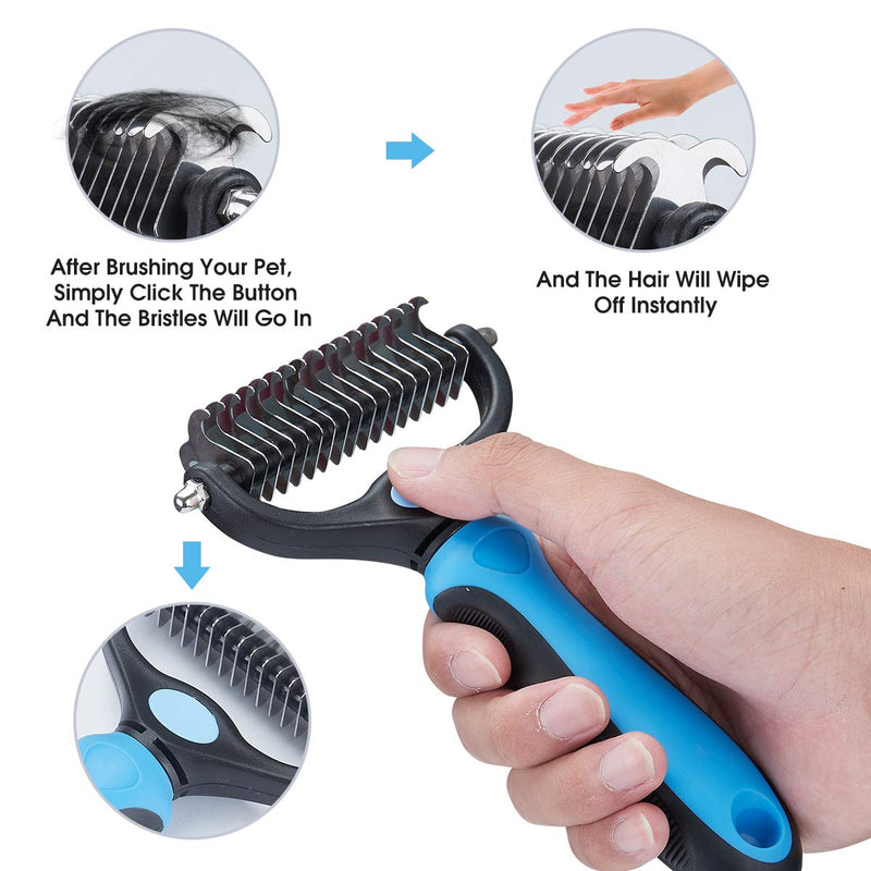 Pet Grooming Tool - 2 Sided Undercoat Rake for Cats and Dogs - Safe Dematting Comb for Easy Mats & Tangles Removing - No More Nasty Shedding and Flying Hair blue other - PawsPlanet Australia