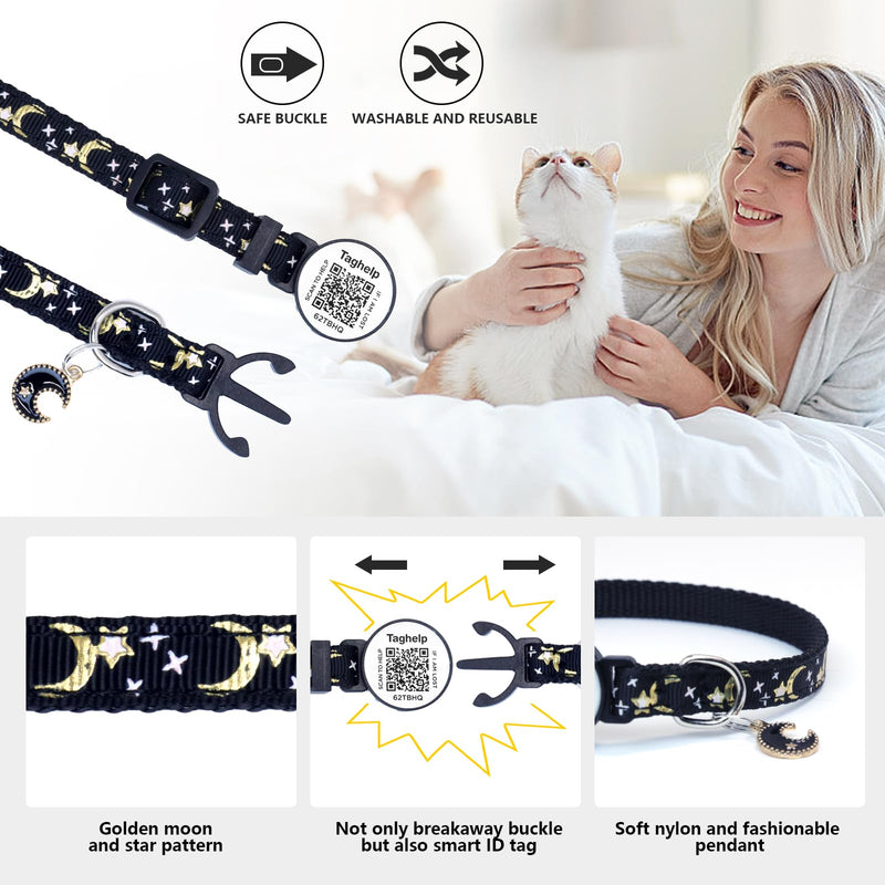 2PCS Breakaway Cat Collars with Moons Stars Cute Kitty Adjustable Safe Kitten Collars with Smart ID QR Code tag,Moon and Star Kitten Safety Collars for Boys & Girls(Black & Purple) Star & Moons - Black & Purple - PawsPlanet Australia