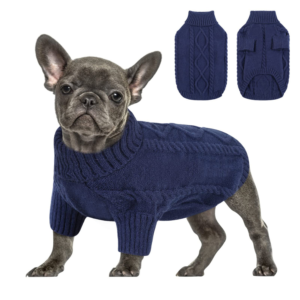 Queenmore Small Dog Pullover Sweater, Cold Weather Cable Knitwear, Classic Turtleneck Thick Warm Clothes for Chihuahua, Bulldog, Dachshund, Pug (Dark Navy, Medium) Dark Navy