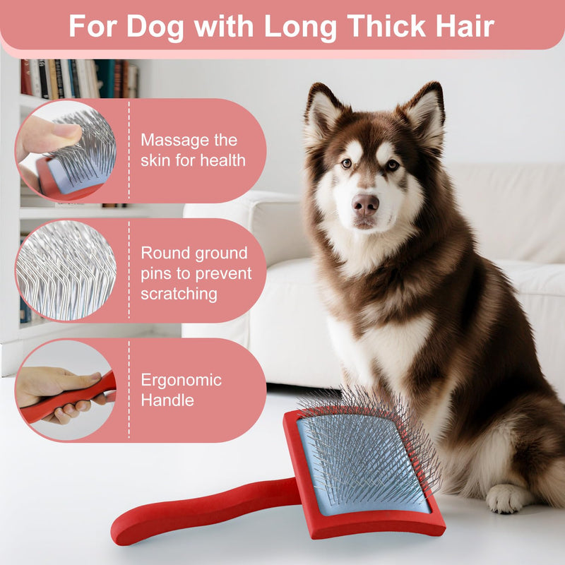 Slicker Brush for Dogs, Slicker Brush for Doodles Long Haired Dog, Goldendoodle Long Pin Detangler for Dematting, Dog Slicker Brushes for Grooming (Large Curved)(Red) Red