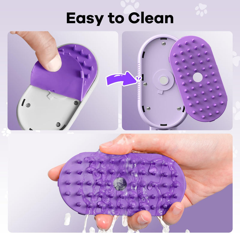 Cat Steam Brush for Shedding, 4 in 1 Brushs with Foldable Handle, Steam Brushs for Cats, Spritz Defur Comb for Cats, Water Brush for Cat, Pet Spray Hair Removal Comb purple