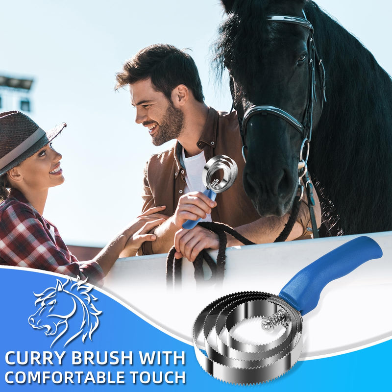 4 Rings Curry Comb Horse Brush, Reversible Stainless Steel Curry Comb Brush, Scraper With Handle Double Sided Shedding, Tool For Dog Horse Grooming Supplies (Blue) Blue - PawsPlanet Australia
