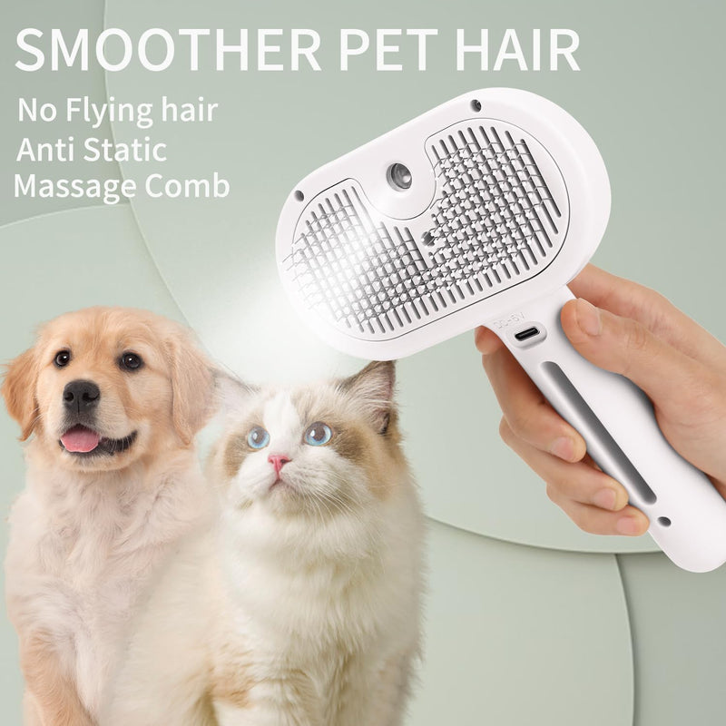 Steam Brush for Long Haired Pets - Self Cleaning Grooming Tool for Cats and Dogs to Reduce Shedding, Static and Flying Fur, White - PawsPlanet Australia