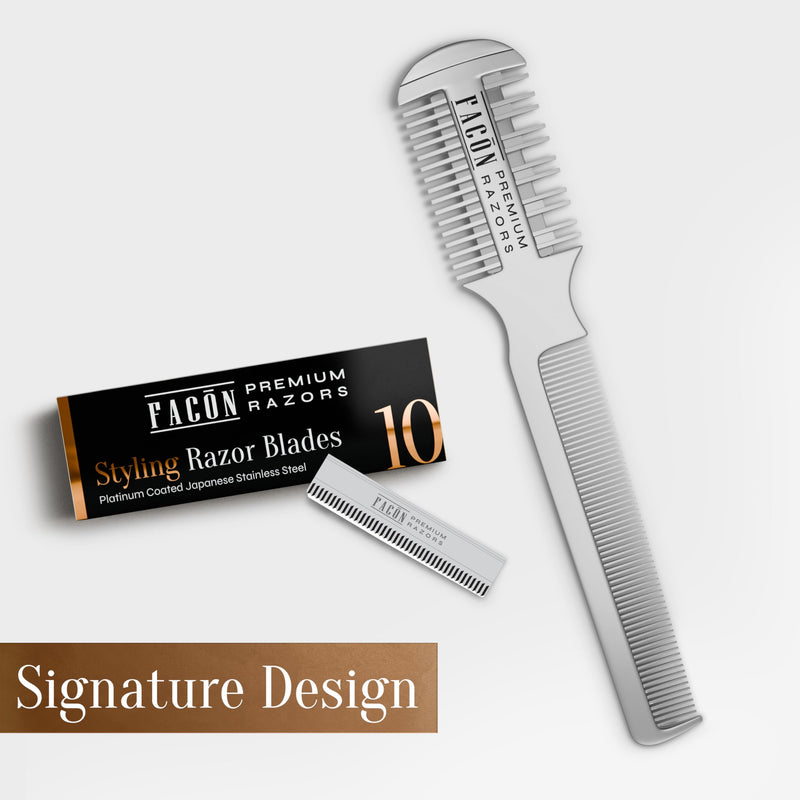 Facón Razor Comb for Hair Cutting - Professional Hair Cutting Comb Kit with 12 Replacement Blades, Double Edge Shaper for Salon & Home, Premium Styling Thinning Texturizing Split Ends Trimming Razor The Swift (Silver) - PawsPlanet Australia