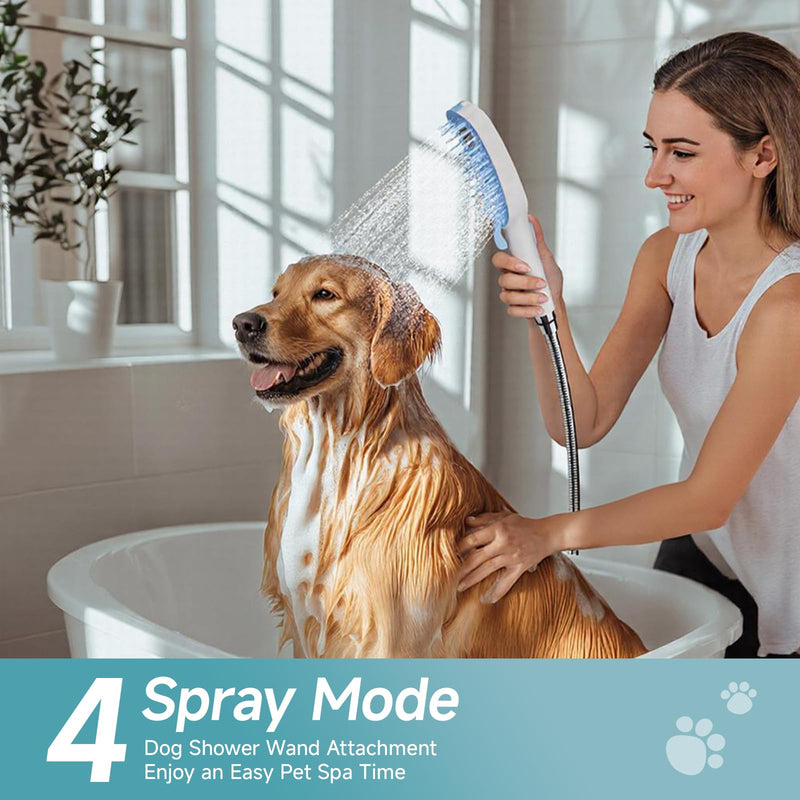 SR SUN RISE Dog Shower Attachment for Thick Haired Dogs, 4 Spray Mode Pet Bath Sprayer with Stainless Steel Diverter Valve & 6.5 Foot Hose, Indoor & Outdoor Dog Washing Grooming Supplies, Blue/White - PawsPlanet Australia