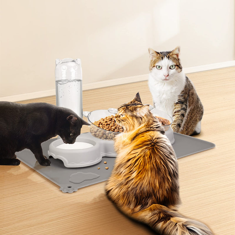 Triple Cat Bowls for Food and Water, YECERCAN Plastic Raised Cat Food Bowls with Automatic Water Bottle & Waterproof Mat for Cat/Small Dogs, 3 in 1 Pet Feeder for Wet/Dry Food Dark Gray - PawsPlanet Australia