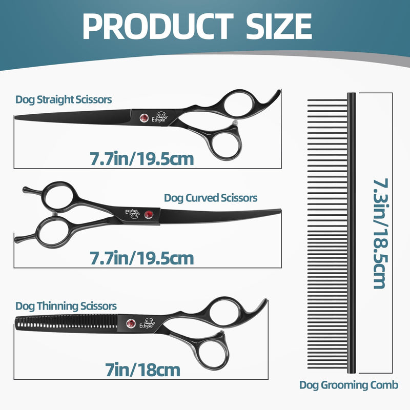 7.0" Professional Dog Grooming Scissors Kit – 3-Piece Set with Straight, Curved & Thinning Shears, Black Japanese Stainless Steel, Includes Grooming Comb for Dogs & Cats - PawsPlanet Australia