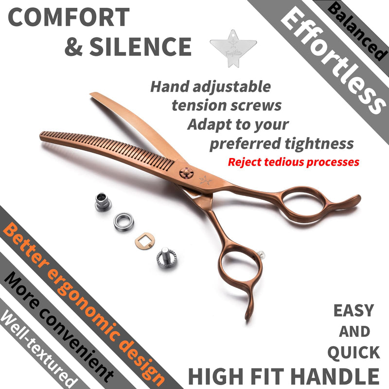 High-end Professional Dog Grooming Curved Thinning Scissors Teeth Blending Shears Pet Texturizing Thinner Blender Shears 7 Inch Extremely Very Sharp Made Of Stainless Steel Alloy For Dog Cat Groomer Coppery Brown Curved Thinning 7inch - PawsPlanet Australia