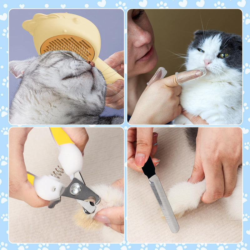 VCZONE 8 Pcs Cat Brush Grooming Kits, Pet Self Cleaning Kit with Pet Nail Clipper and File, Flea Comb, Pet Shampoo Bath Brush, Pet Shedding Brush, Silicone Toothbrush (Yellow) Yellow - PawsPlanet Australia