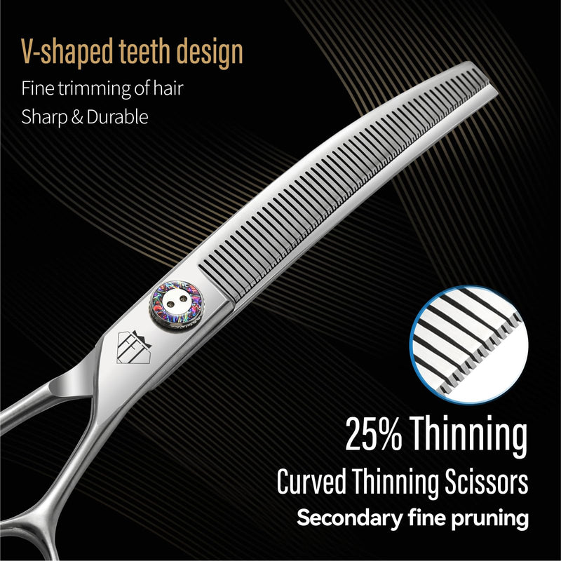 Professional Dog Grooming Scissors, 7 Inch JP440C Stainless Steel, 25% Thinning Curved Shears with Ergonomic Handle, Silver (Curved Thinner, 7.0") Curved Thinner 7.0" - PawsPlanet Australia