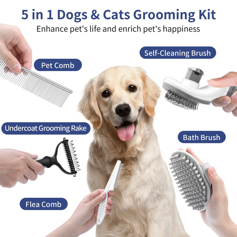 5 in 1 Dog Grooming Kit - Self-Cleaning Slicker Brush for Shedding Short Long Haired Dogs & Cats, Includes Pet Comb, Flea Comb, Bath Brush, Undercoat Rake - Complete Fur Care Set - Gray - PawsPlanet Australia