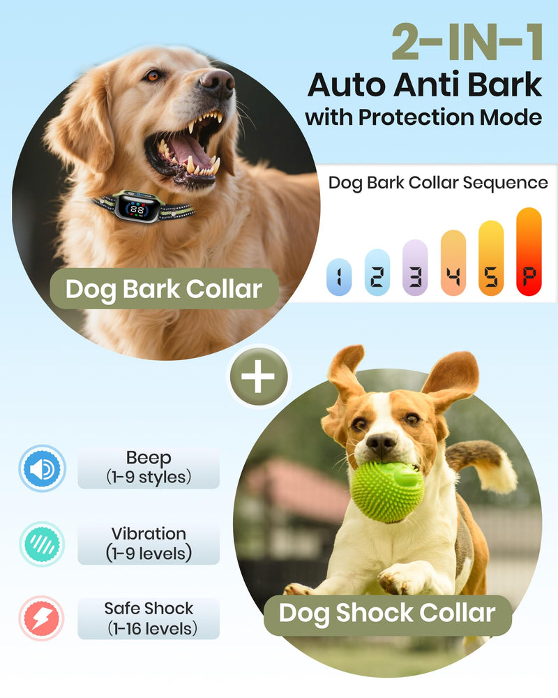 2-in-1 Bark & Shock Collar - Color Screen Dog Training Collar with Beep/Vibration/Shock/Anti Bark 4 Modes, 3300FT E Collar with Remote for Small Medium Large Dogs, IP67 Waterproof Rechargeable Seaweed - PawsPlanet Australia