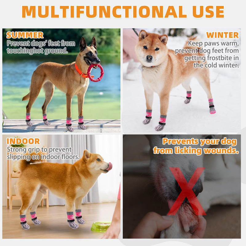 KOOLTAIL Dog Socks for Hot/Cold Pavement to Prevent Licking Paws for Hardwood Floors,Anti Slip,Pet Boots&Paw Protector with Grippers,Puppy Shoes Booties for Small Medium Large Senior Dogs Medium (4 Pack) Pink+Grey - PawsPlanet Australia