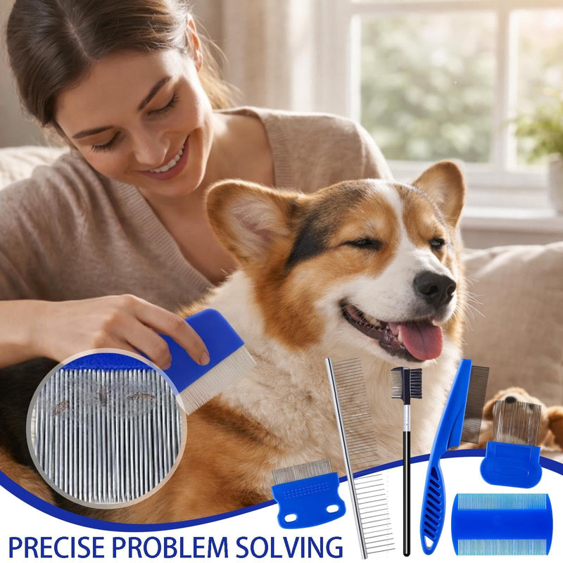 6 Pack Flea Comb for Dogs and Cats, Stainless Steel Pet Grooming Comb Set, Lice Comb, Double-Sided Tear Stain Remover, Dematting and Fine Tooth Combs for Small, Medium and Large Pets blue(6 pack)