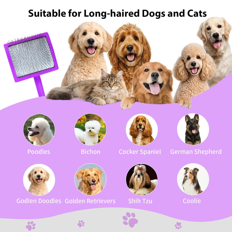 Large Long Pin Slicker Brush for Poodles, Goldendoodles & Long Haired Dogs - 25mm Pins Professional Grooming Tool with Wooden Handle for Thick Curly Coats, Mats & Undercoat - Purple