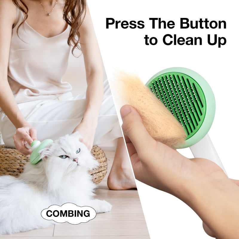 Self-Cleaning Cat Brush for Shedding & Pet Grooming - Effortlessly Removes Tangles, Loose Undercoat, and Mats for Cats & Dogs (Green) Green