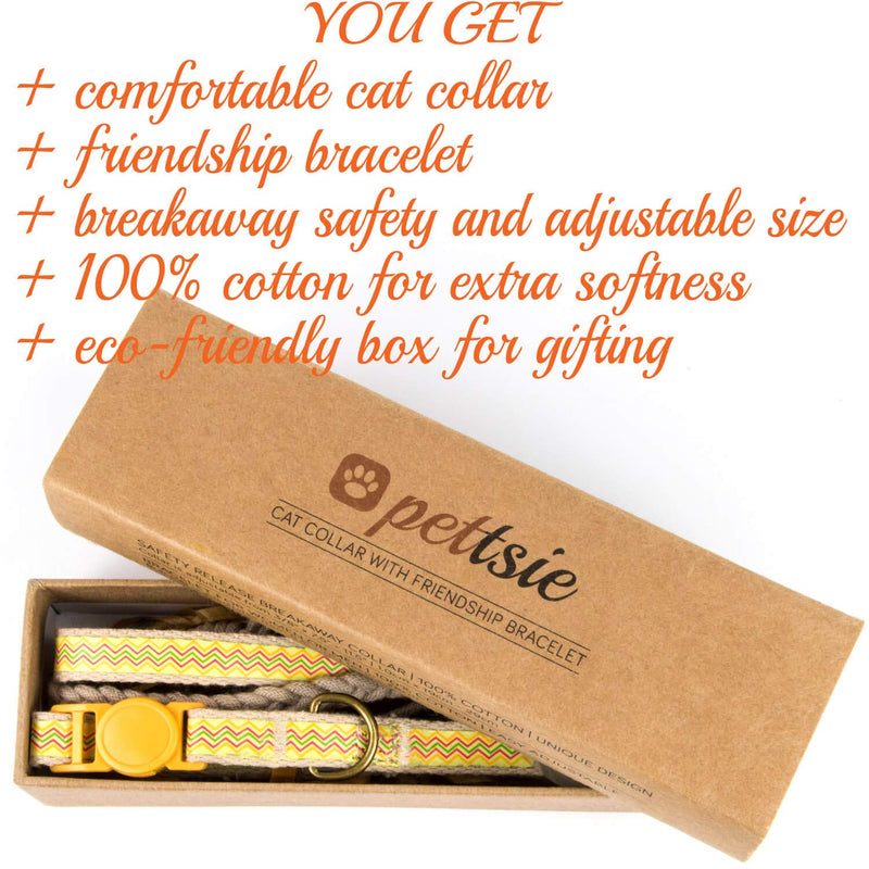 Pettsie Breakaway Cat Collar & Matching Friendship Bracelet – Soft Cotton, Safe & Comfortable, Adjustable 7.5"-11.5", Yellow 7.5"-11.5" Neck