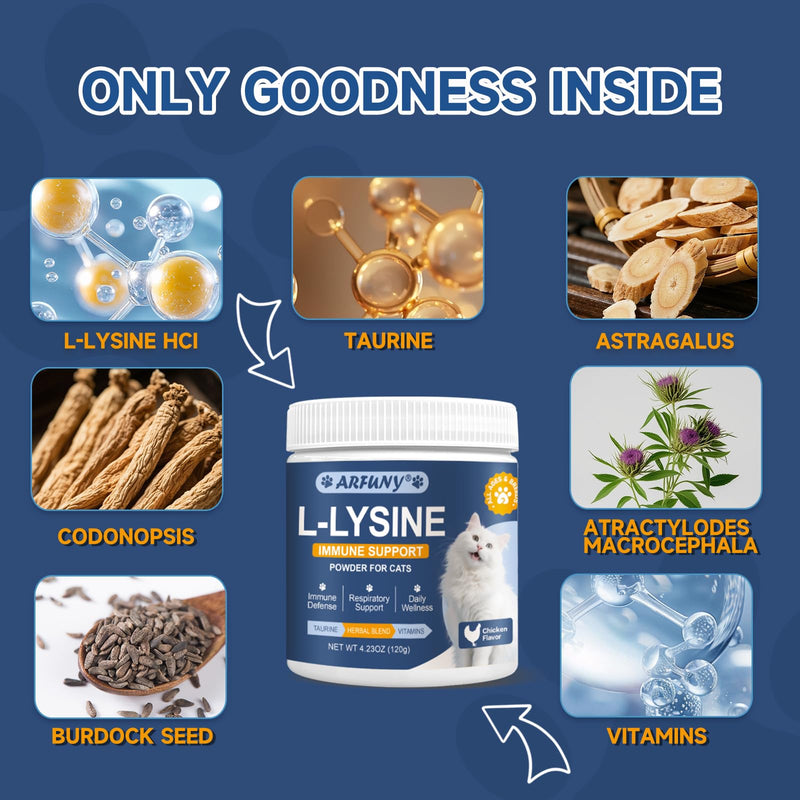 L-Lysine for Cats - Lysine for Cats - Support Immune System, Respiratory, Eye Health - Cat Lysine Powder with Taurine, Herbal Blend, Vitamins - Ease Sneezing, Runny Nose, Watery Eyes - Chicken Flavor