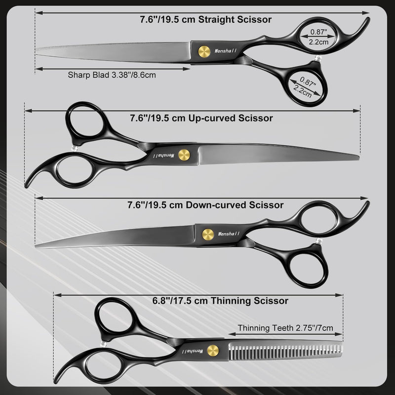 Professional Dog Grooming Scissors Set - 6.5" Thinning, 7" Straight, 7" Up-Curved, 7" Down-curved Scissors and Comb for Dog Cat Pet (Black) Black - PawsPlanet Australia
