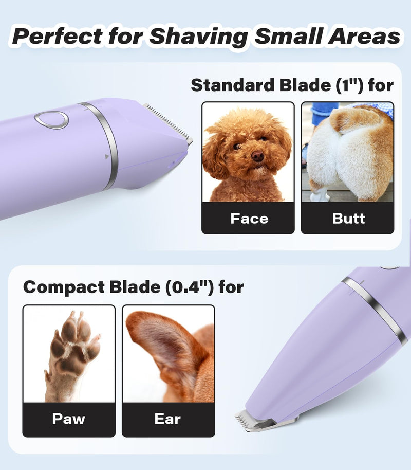 Casfuy Cordless Dog Paw Trimmer - Low Noise Small Dog Clippers with Double Blades USB Rechargeable Grooming Clipper for Dogs Cats and Small Pets for Trimming Hair Around Paws, Eyes, Ears, Face, Rump Purple
